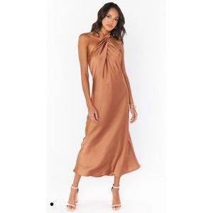 NWT Show Me Your MuMu Jasmine Halter Midi Dress Copper Luxe Satin